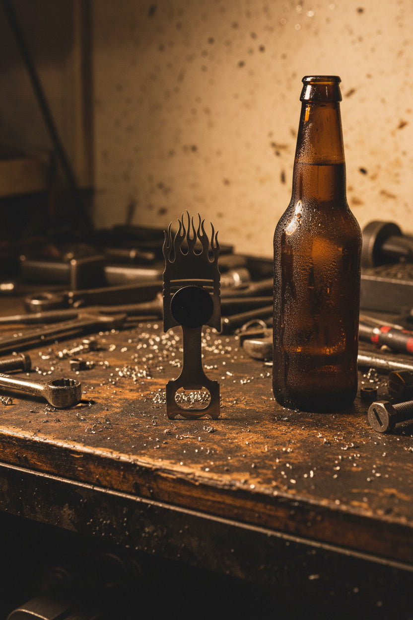 Flaming Piston Bottle Opener - back view showing magnet for fridge or toolbox mounting