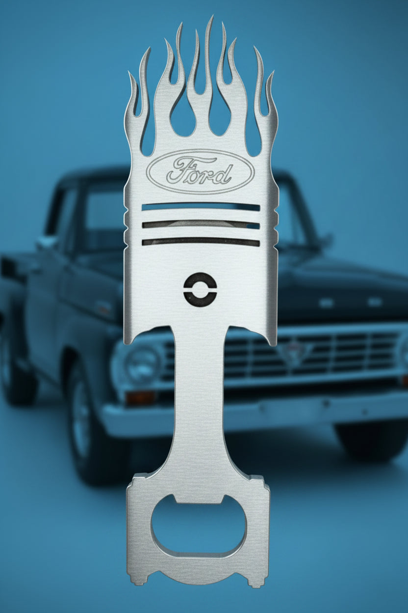 Flaming Piston Bottle Opener - Ford edition, laser cut stainless steel with flame design