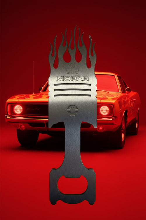 Flaming Piston Bottle Opener - Mopar edition, laser cut stainless steel with flame design