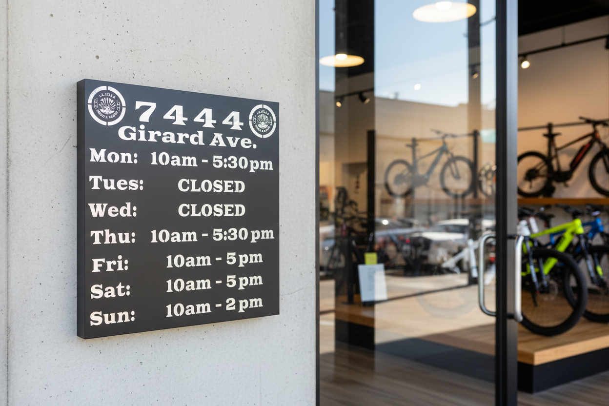 Business hours sign on e-bike shop