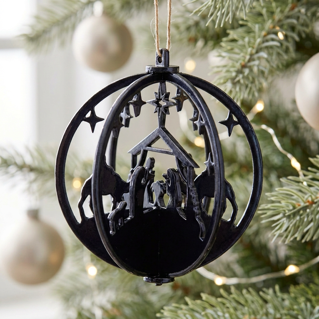 Dark blue Nativity ornament with neutral lighting on a Christmas tree