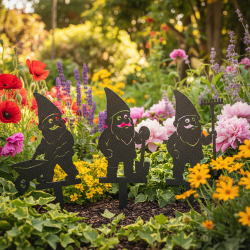Gardening Gnome Stakes in Garden Setting