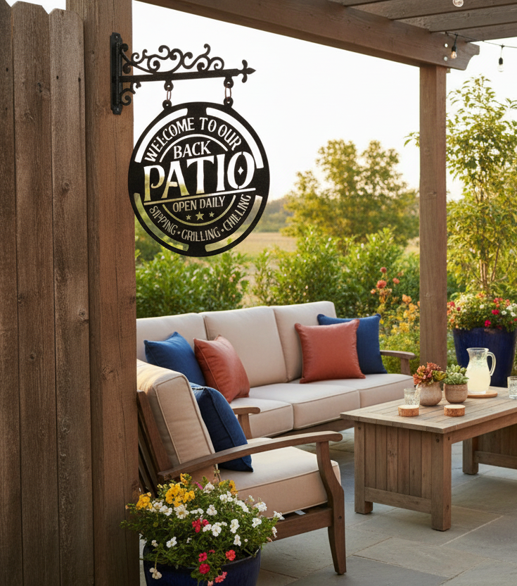 Patio Gatherings Hanging Sign in outdoor patio setting with BBQ