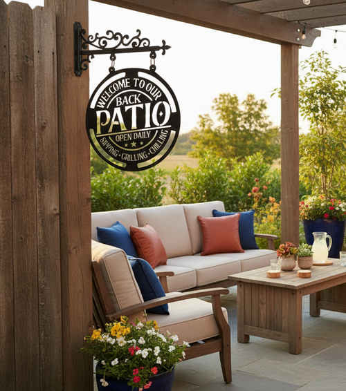 Patio Gatherings Hanging Sign in outdoor patio setting with BBQ