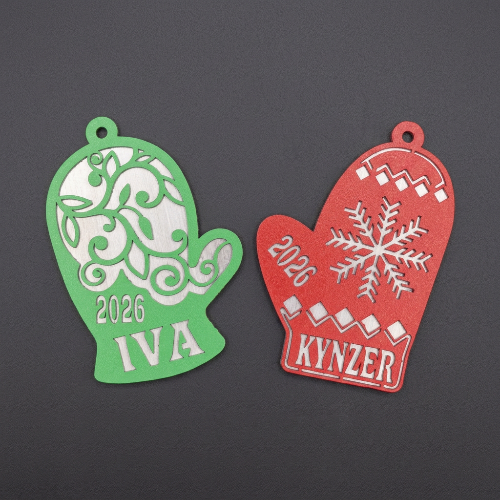 Green swirl and red snowflake personalized mitten ornaments with 2026 and example names IVA and KYLER