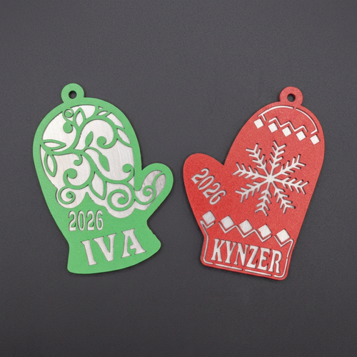 Green swirl and red snowflake personalized mitten ornaments with 2026 and example names IVA and KYLER