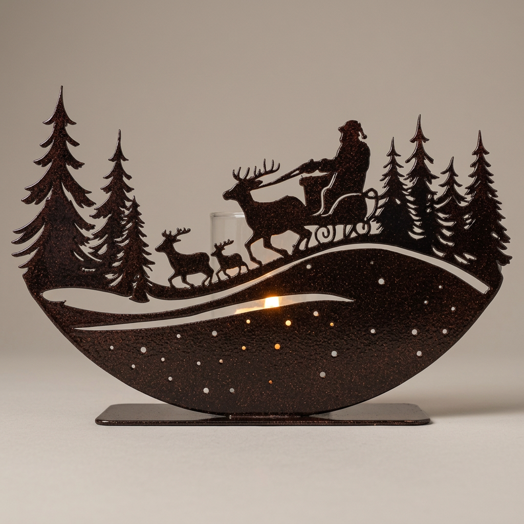 Santa's Sleighride metal candle luminary with warm lighting