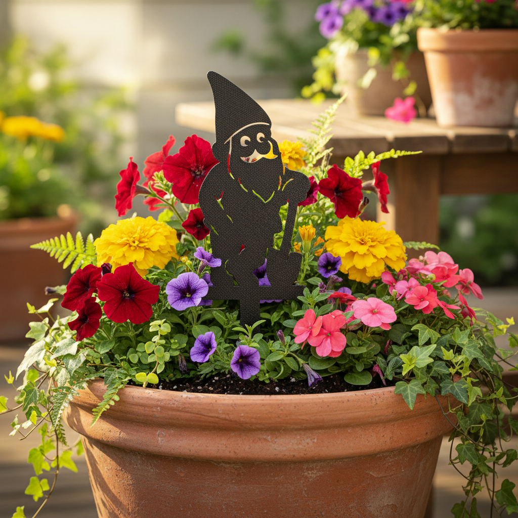 Shovel Gnome stake displayed in a terracotta planter pot with colorful flowers