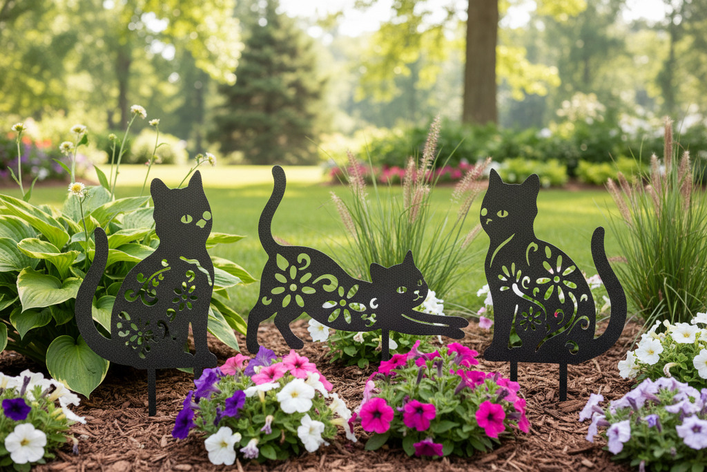 Kitty Silhouette Garden Stakes displayed in garden landscape