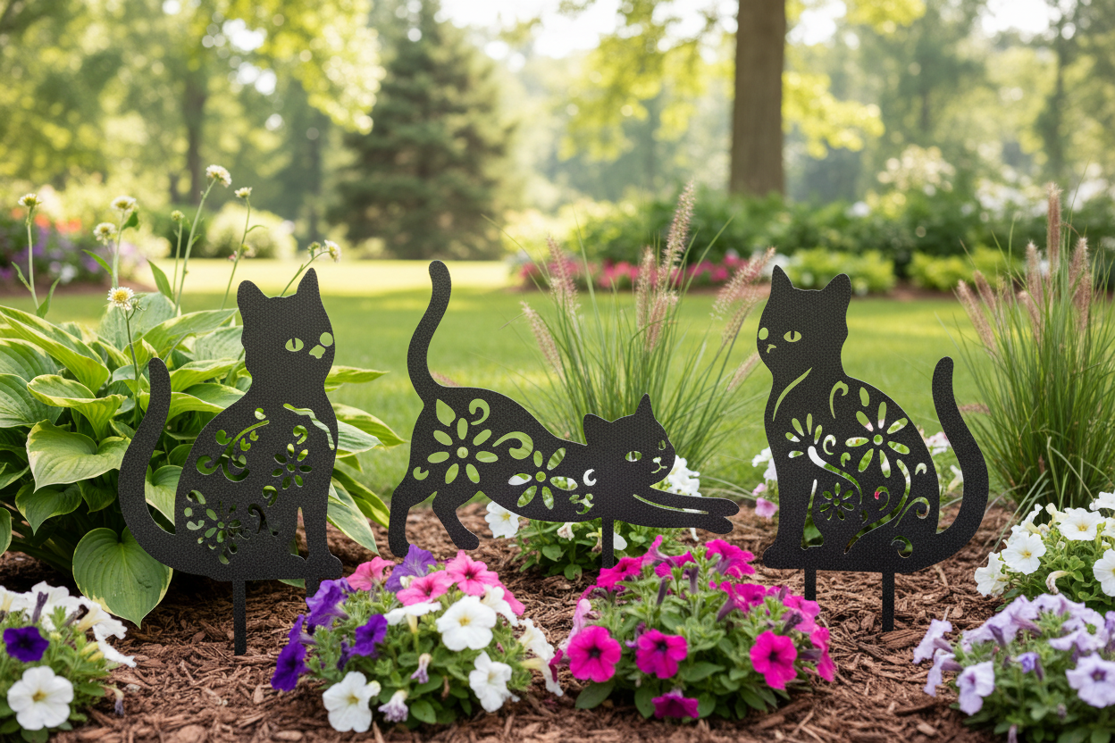 Kitty Silhouette Garden Stakes displayed in garden landscape