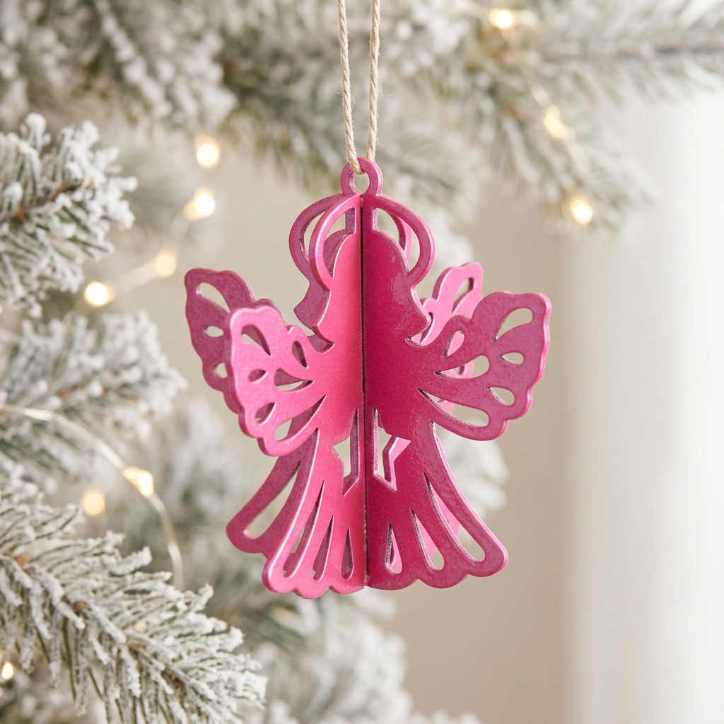 Atomic pink 3D metal angel ornament hanging against a light Christmas tree background