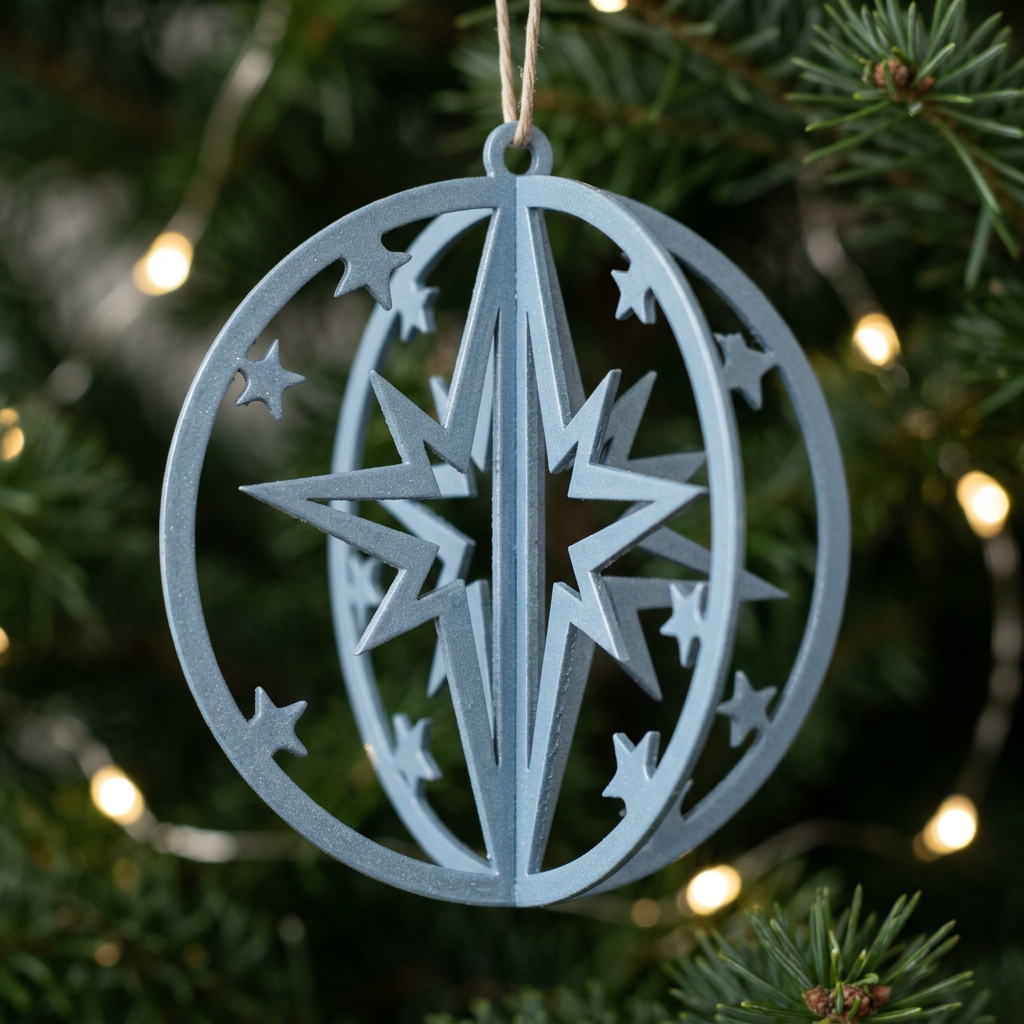 Blue-gray 3D metal Star ornament hanging against Christmas tree greenery