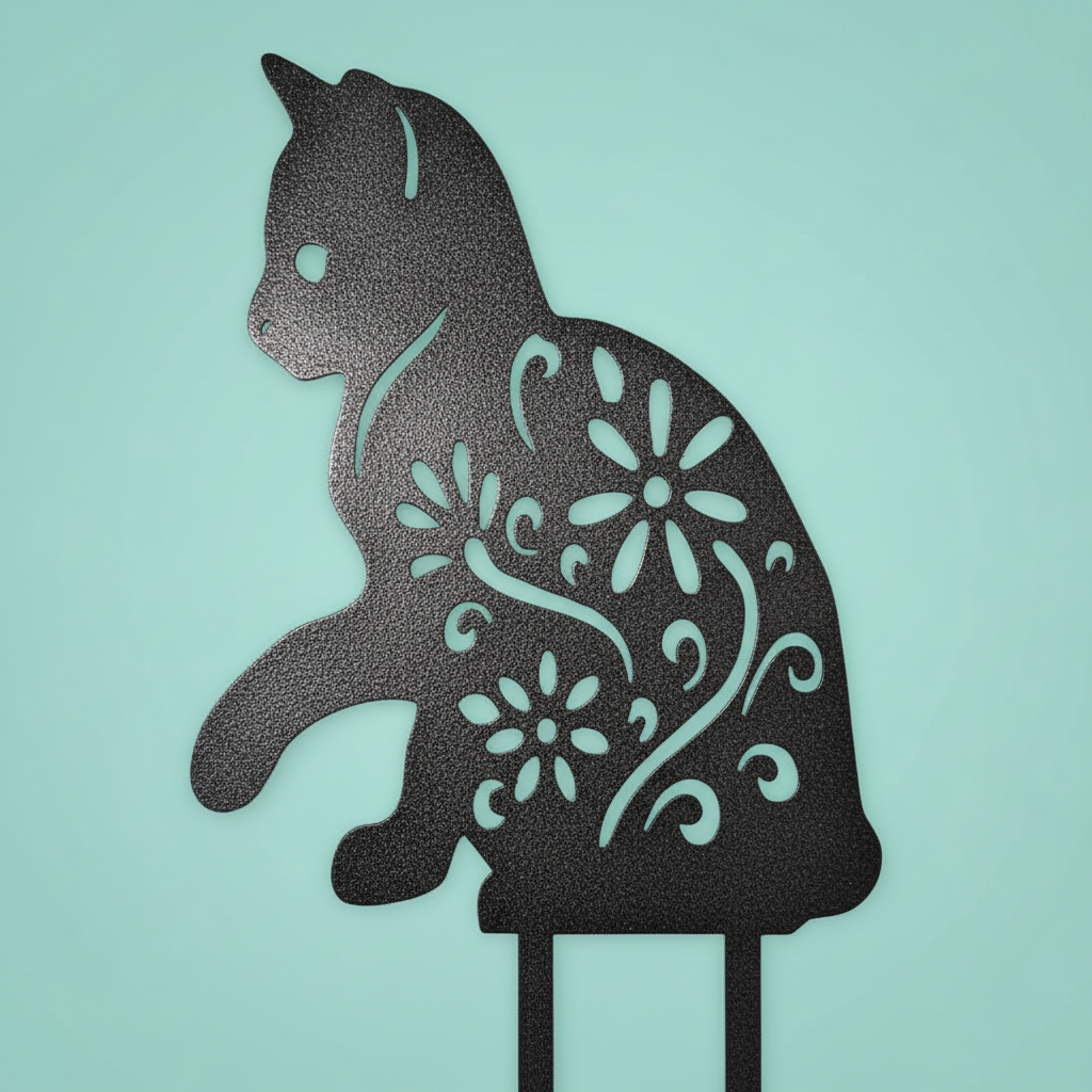 Sitting Kitty - powder-coated metal garden stake with flower cut-outs