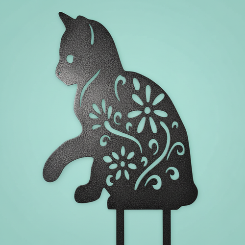 Sitting Kitty - powder-coated metal garden stake with flower cut-outs