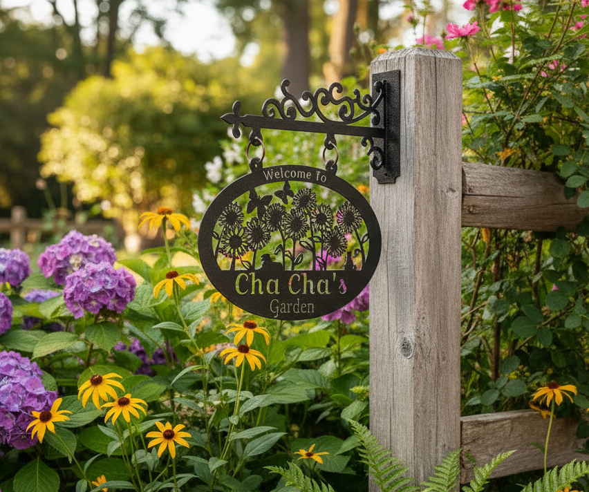 Custom Garden Hanging Sign prominently displayed in garden setting