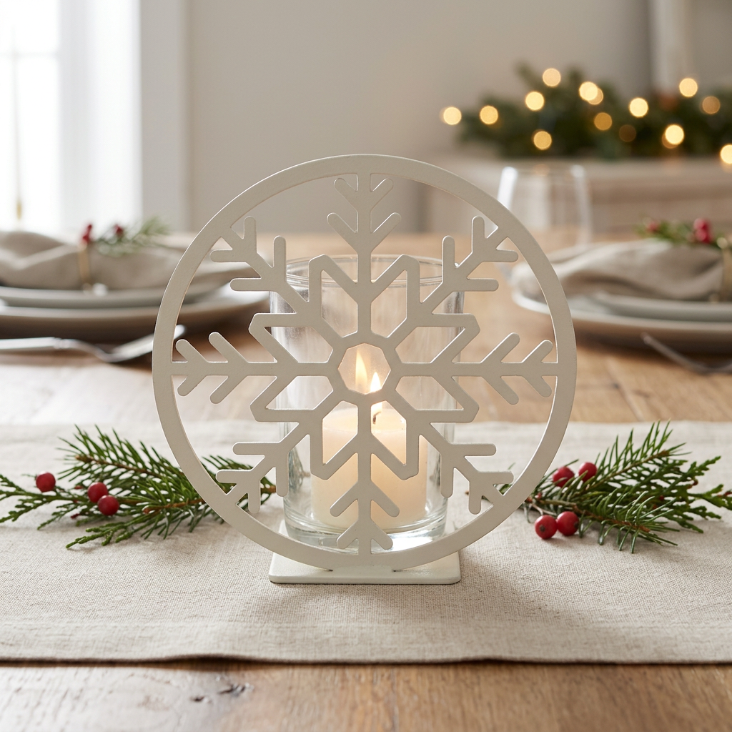 Snowflake metal candle luminary with warm glow in a holiday table centerpiece