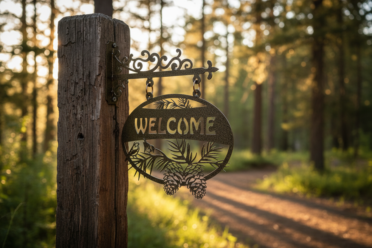 Pinecone Hanging Sign installed on rustic wooden post