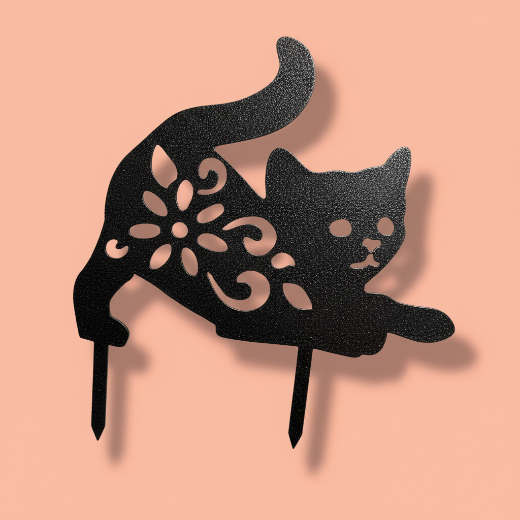 Playful Kitty - powder-coated metal garden stake with flower cut-outs