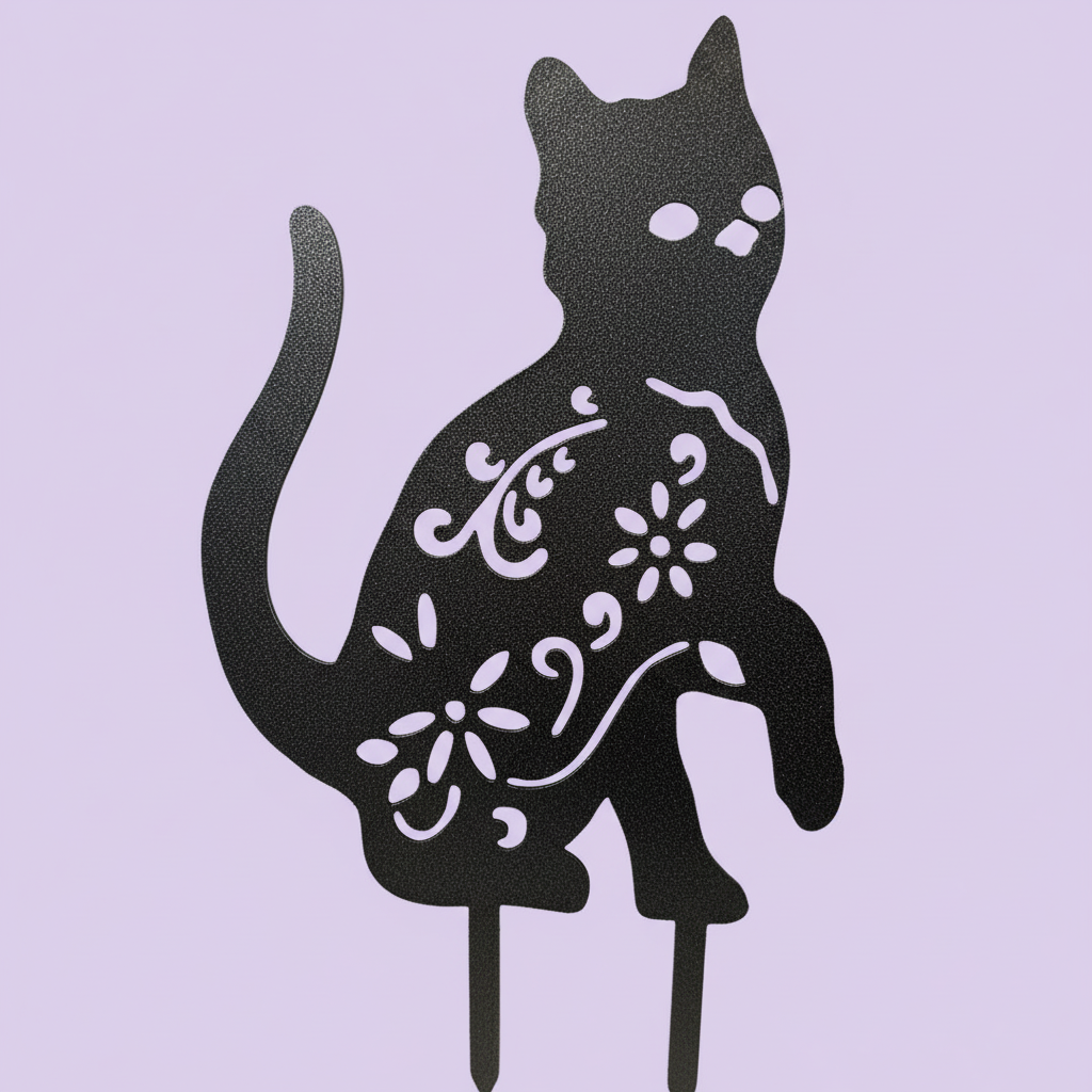 Sitting Pretty Kitty - powder-coated metal garden stake with flower cut-outs