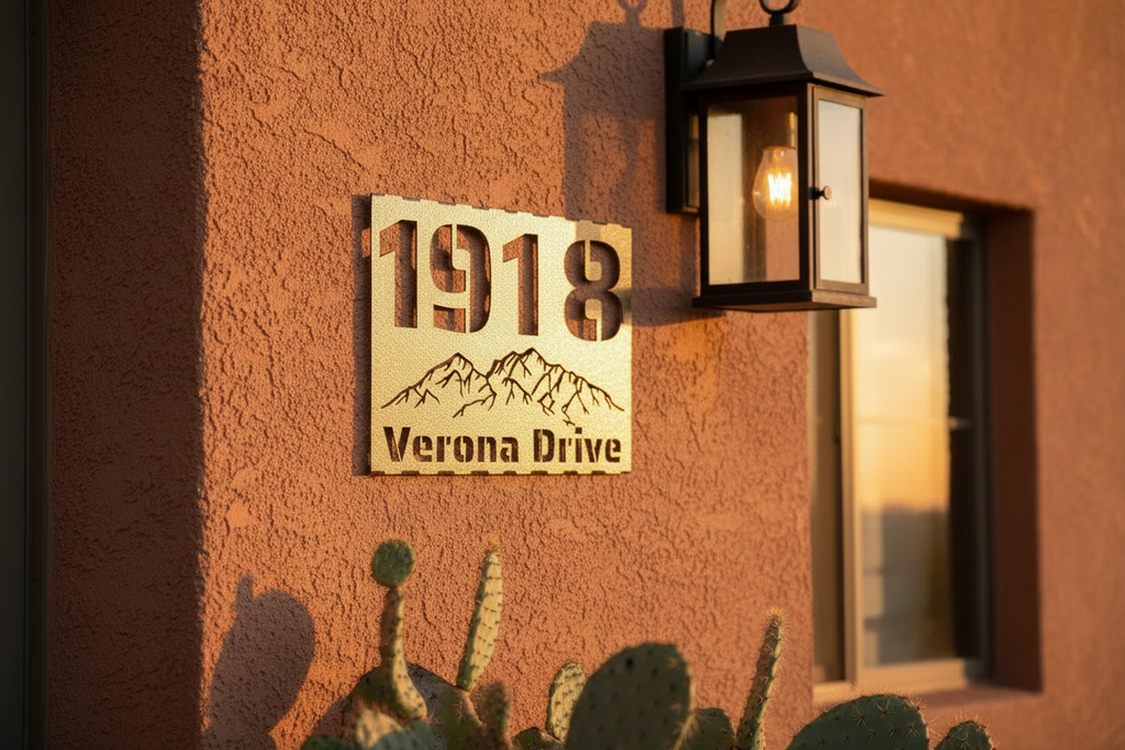 Solar LED Address Placard with mountain design showing 1918 on southwest home at sunset