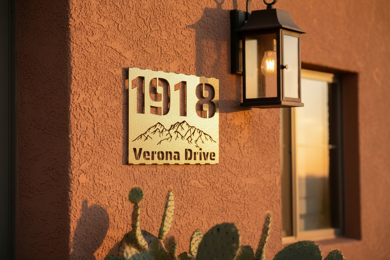 Solar LED Address Placard with mountain design showing 1918 on southwest home at sunset