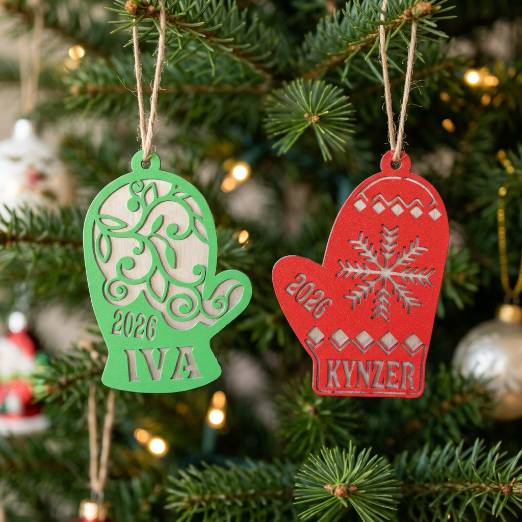 Personalized mitten ornaments hanging on a Christmas tree