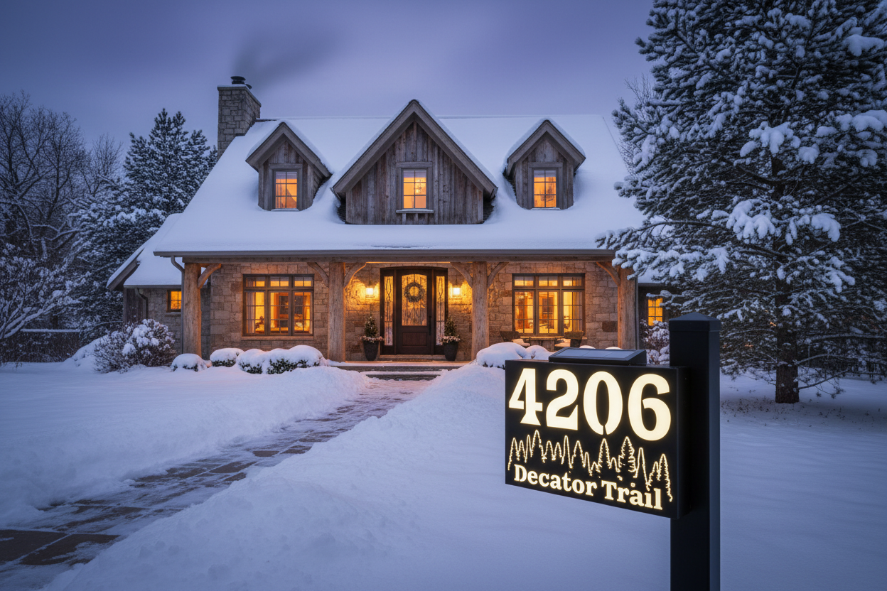 Solar LED Address Placard on Cottagecore Home in Snow