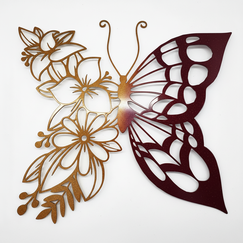 Steel Butterfly & Floral Wall Art - Metallic Sparkle Finish